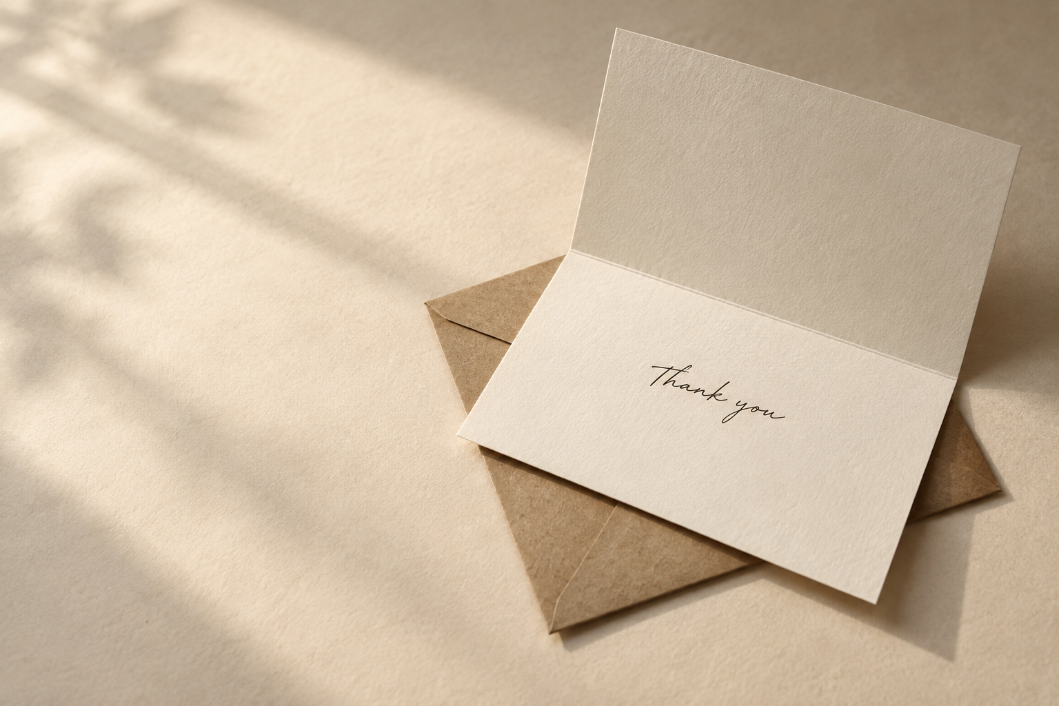 A handwritten note, envelope and stationery on a warm paper surface.